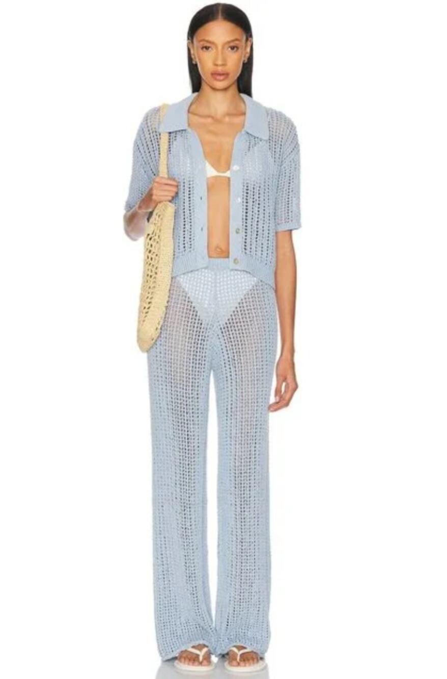 La Porte Ophelia Windowpane Crochet Knit Set Blue Top Pants Size Medium